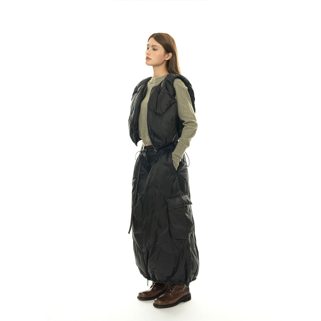 Women's Padded Quilted Midi Skirt with Cargo Pocket and Drawstring Mune Fashion