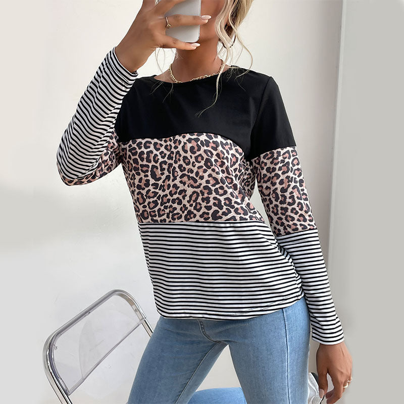 Women's Colorblock Long Sleeve Top with Leopard and Stripe Mix Mune Fashion
