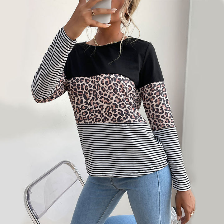 Women's Colorblock Long Sleeve Top with Leopard and Stripe Mix Mune Fashion