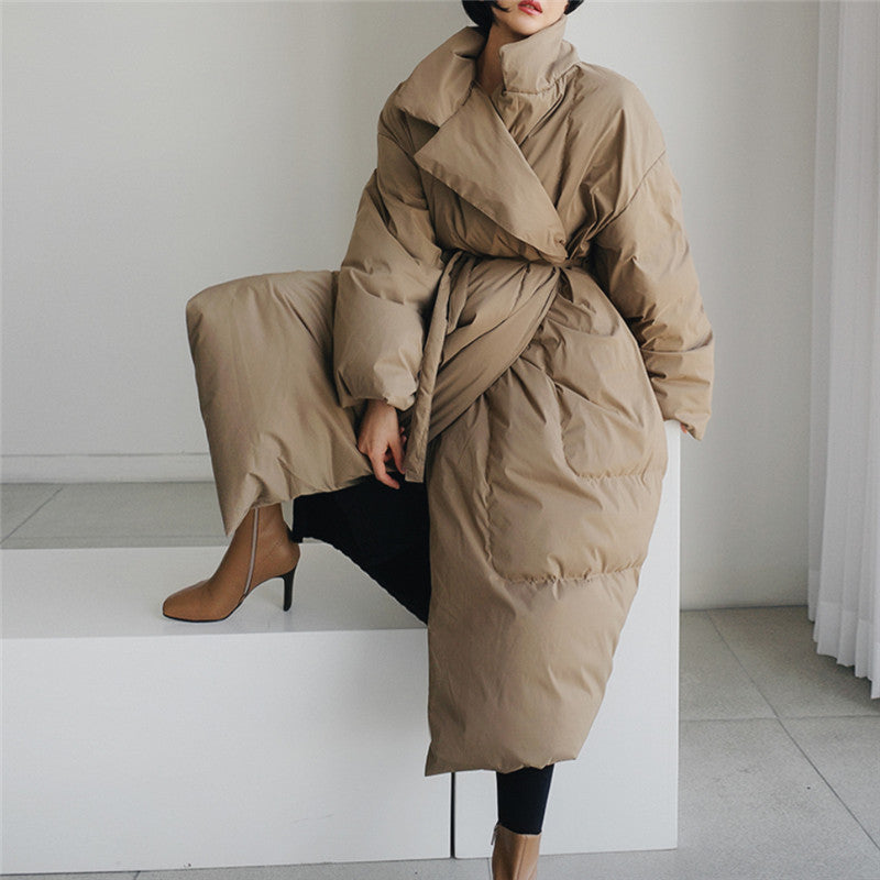 Women's Oversized Padded Maxi Coat with High Stand-Up Collar, Tie Belt and Windproof Filling Mune Fashion