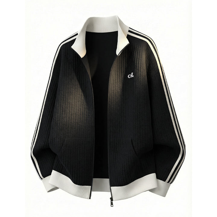 Unisex locker cut sports jacket with ribbed texture, stand-up collar and striped sleeves Mune Fashion