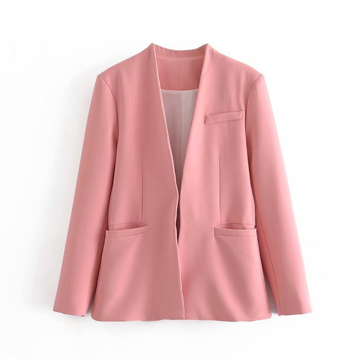 Women Tailored Blazer without Lapels with Open Front and Welt Pockets Mune Fashion