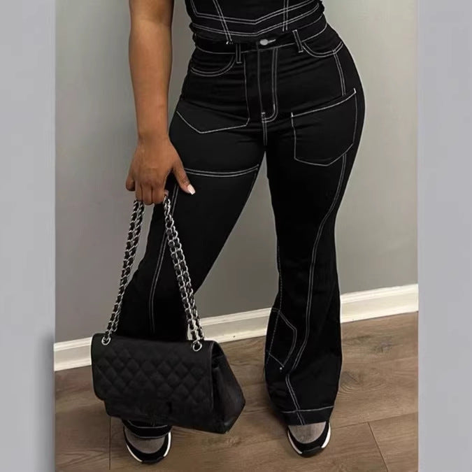 Ladies High-Waist Flared Jeans with Contrast Stitches and Cargo Inserts Mune Fashion