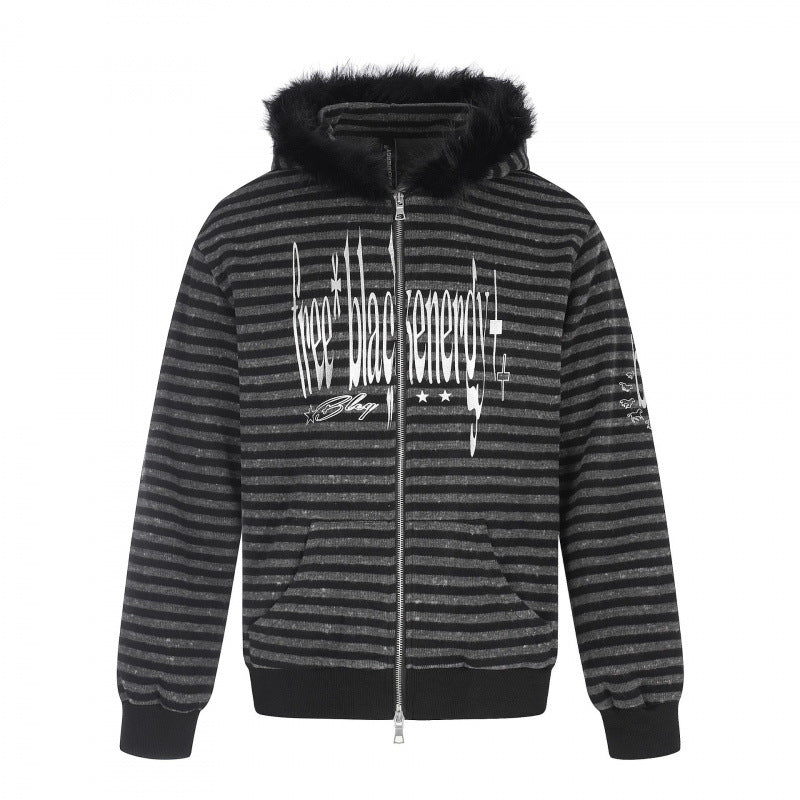Unisex Striped Hooded Zip Jacket with Faux Fur Hood and Statement Front Print Mune Fashion