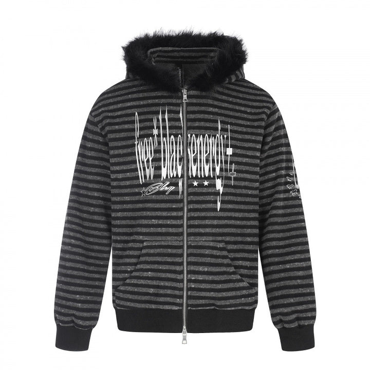 Unisex Striped Hooded Zip Jacket with Faux Fur Hood and Statement Front Print Mune Fashion
