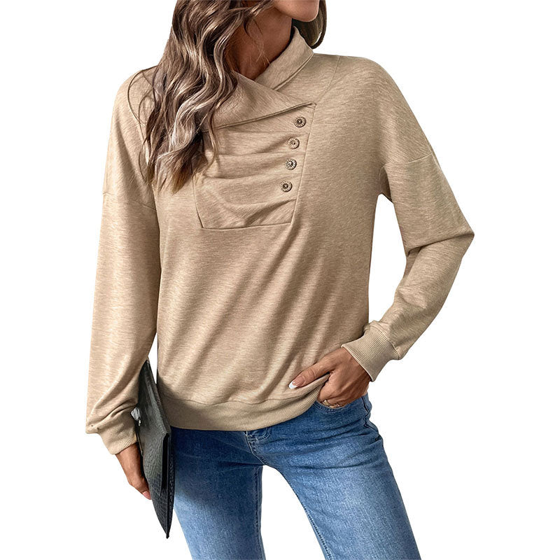 Women's Crossed Stand Collar Sweatshirt with Button Placket and Ribbed Cuffs Mune Fashion