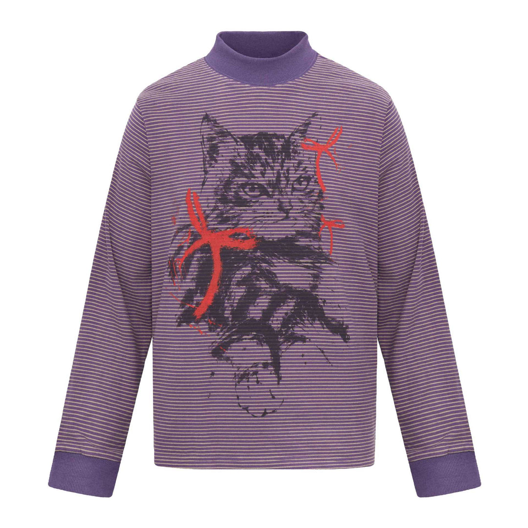 Unisex Striped Long Sleeve with Stand Collar, Oversize Cut and Cat Print Mune Fashion