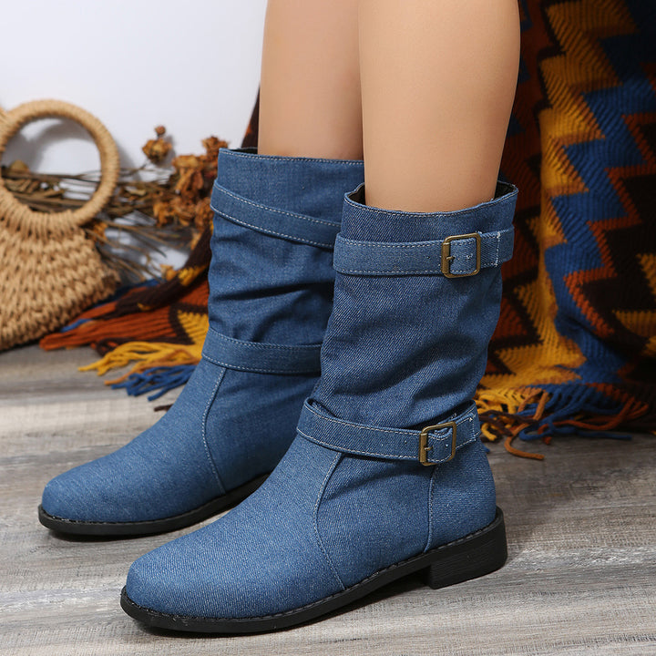 Women’s casual slouch ankle boots with two decorative straps and decorative metal buckles Mune Fashion