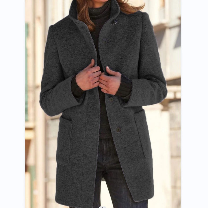 Women's Mid-Length Wool Blend Coat with Stand Collar and Patch Pockets Mune Fashion