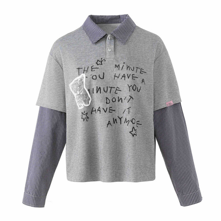 Unisex Layered Look Knit Polo Shirt with Checkered Insert Sleeves and Statement Print Mune Fashion