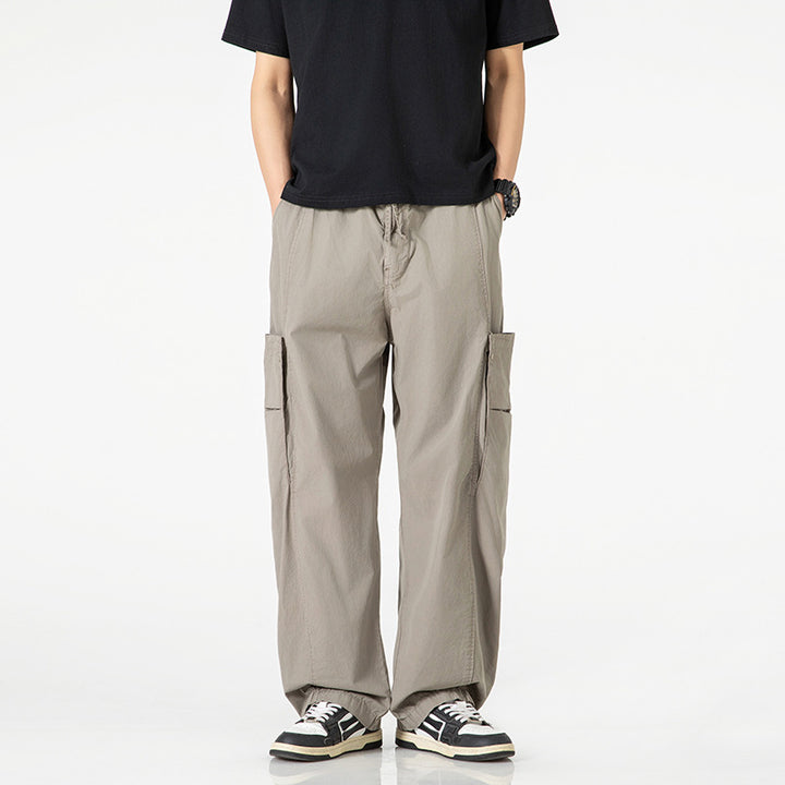 Men's Wide Nylon Cargo Pants in Utility Style with Side Flap Pockets Drune