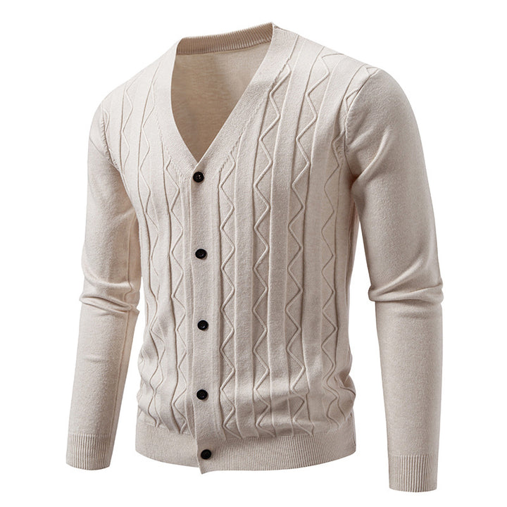 Men's V neck cardigan with subtle cable knit texture and continuous button placket Mune Fashion