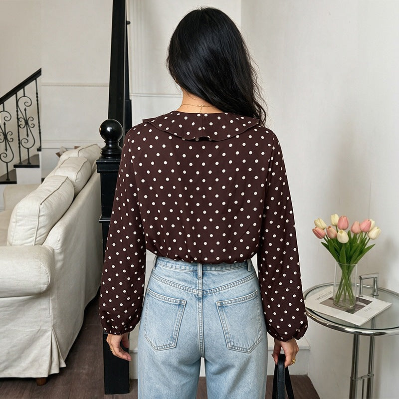 Women Polka Dot Ruffled Blouse with V-Neck, Long Sleeves and Elastic Cuffs Mune Fashion