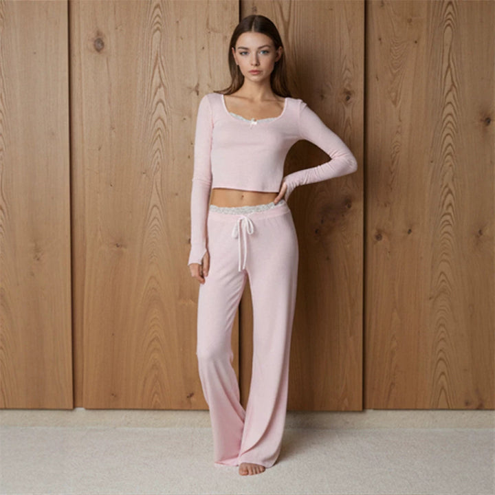 Women's lounge pajama set made of viscose blend with lace trim and wide leg cut Mune Fashion