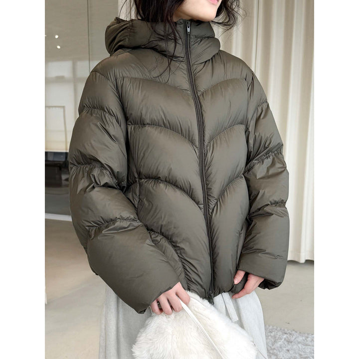 Women Short Cut Puffer Jacket with Hood, Insulating Filling and Waist Detail Mune Fashion