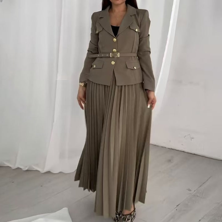 Women's Tailored Blazer with Belt and Pleated Maxi Skirt Set Mune Fashion