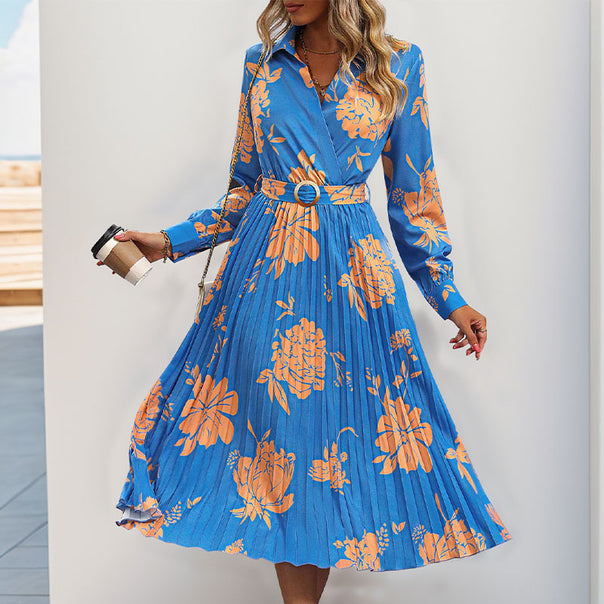 Women's Pleated Shirt Dress with Wrap V-Neck, Waist Belt and Floral Print Mune Fashion
