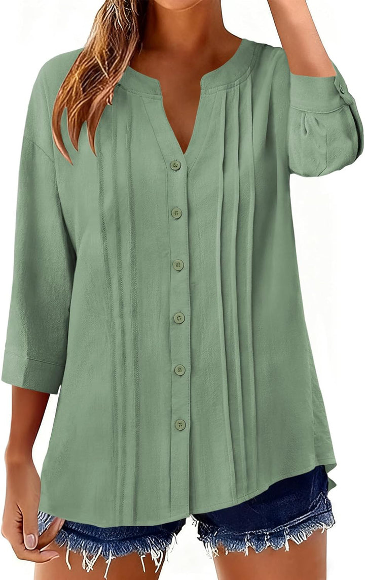 Women Loose Tunic Shirt with Pleats and Three-Quarter Sleeves Mune Fashion