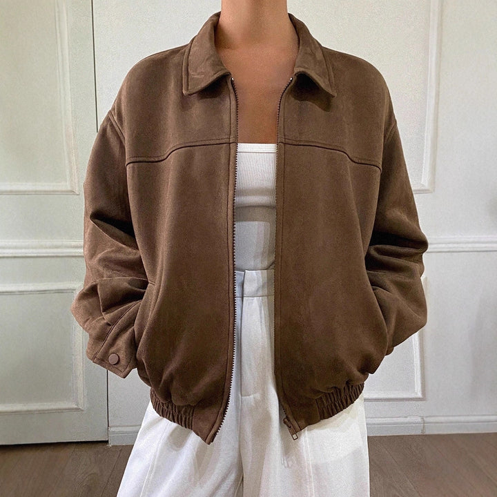 Women Oversized Suede Look Bomber Jacket with Zip and Elastic Hem Drune