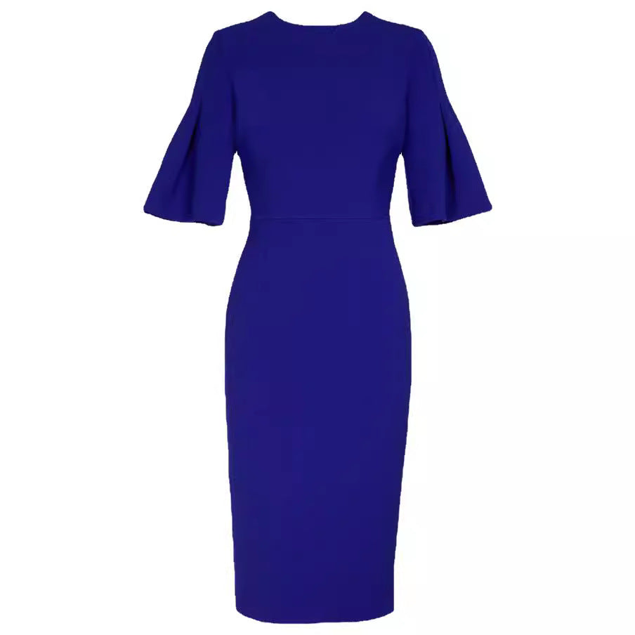Women's figure-hugging midi dress with trumpet sleeves and round neckline Mune Fashion