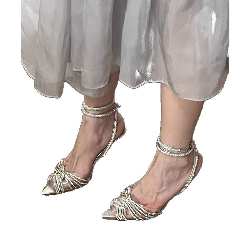 Women's Elegant pointed-toe strap sandals with sparkly rhinestone straps and narrow stiletto heel