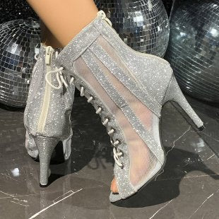 Women's Glitter Peeptoe Ankle Boots with Mesh Inserts, Lacing and Side Zipper Mune Fashion