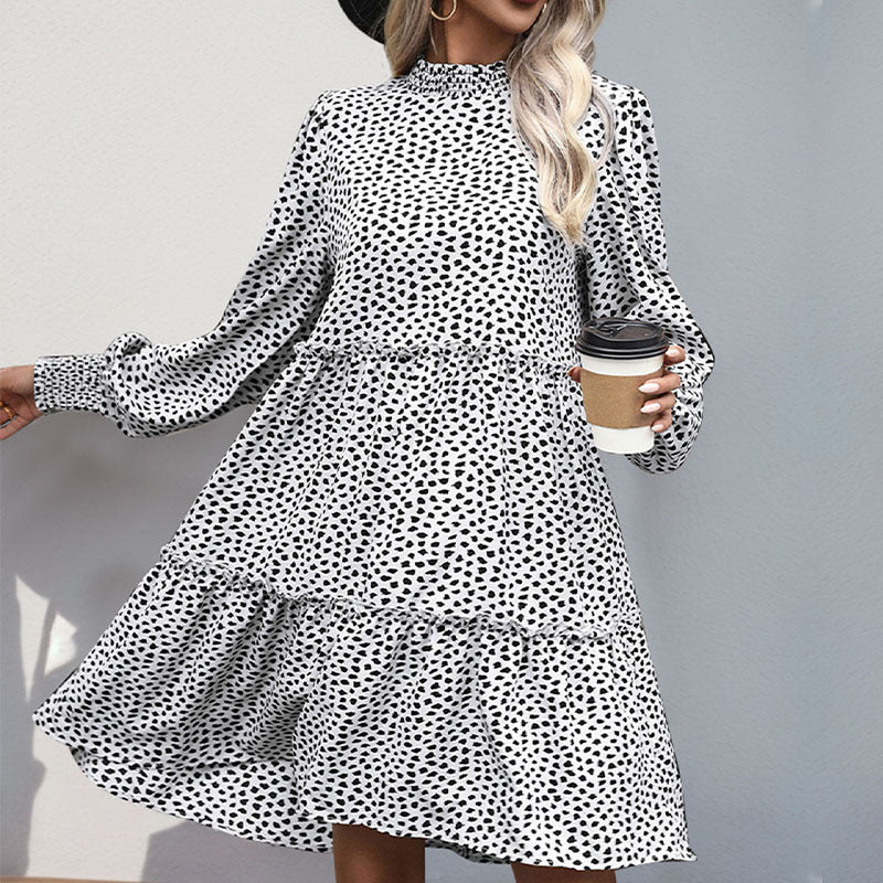 Women Loose Tiered Mini Dress with Smocked Collar, Ruffle Seam and Long Sleeves Mune Fashion