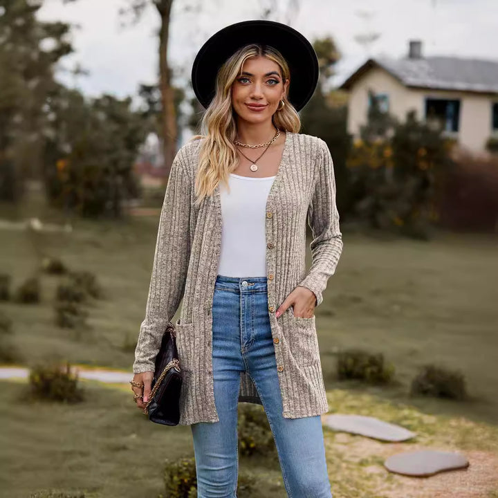 Women Long Cut Ribbed Knit Cardigan with Button Placket and Pocket Mune Fashion