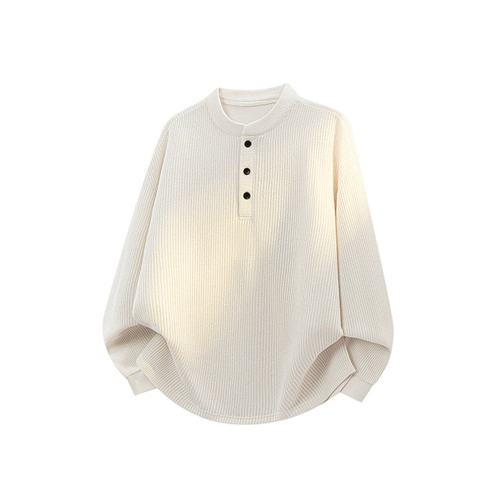 Unisex Loose Fit Waffle Knit Henley Sweater with Stand-Up Collar Mune Fashion