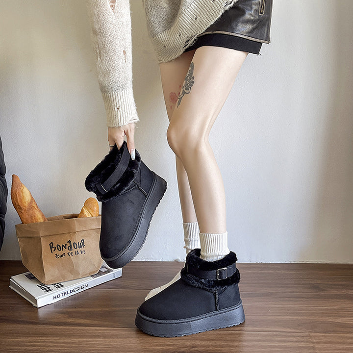 Women Insulated Short Ankle Boots with Teddy Fleece Lining, adjustable buckle strap and treaded rubber sole Mune Fashion