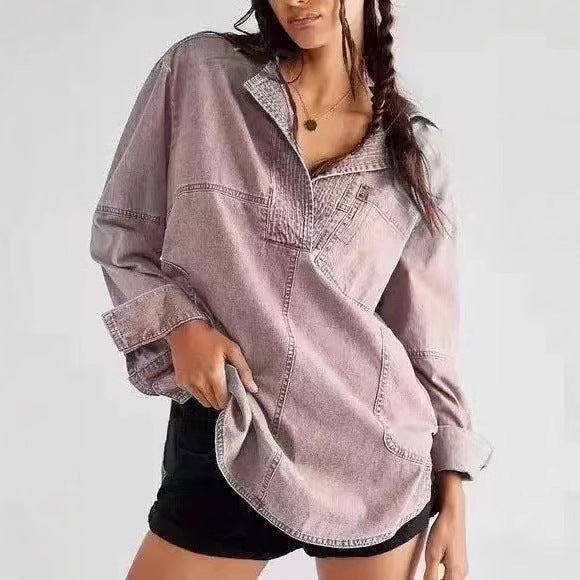 Women's Oversize Denim Tunic with Henley Neckline and Kangaroo Pocket Mune Fashion