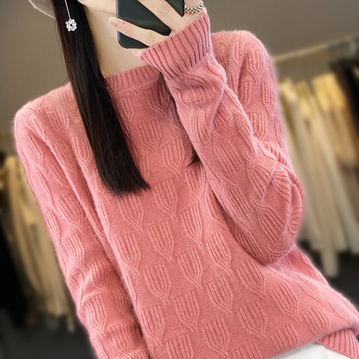 Women's Soft Mohair-Look Round Neck Sweater with Raised Tulip Texture Mune Fashion
