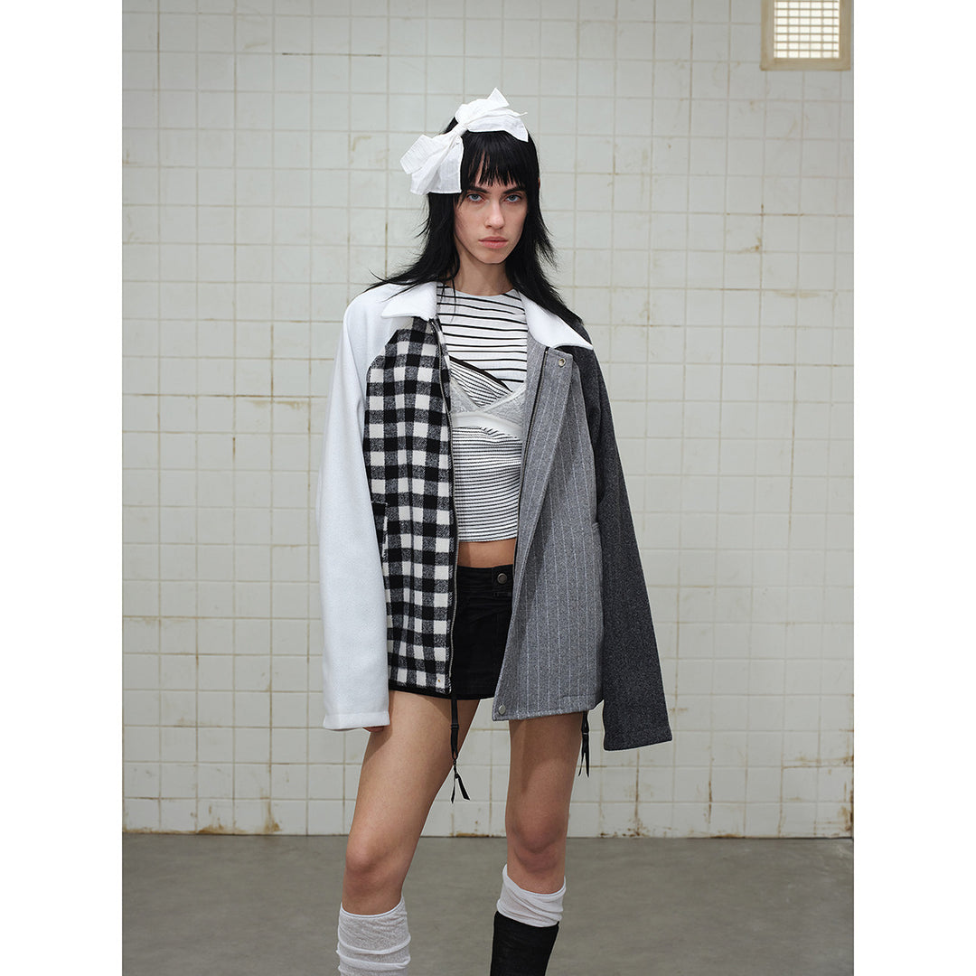 Unisex Classically tailored patchwork blouson jacket made of wool blend with shirt collar Mune Fashion