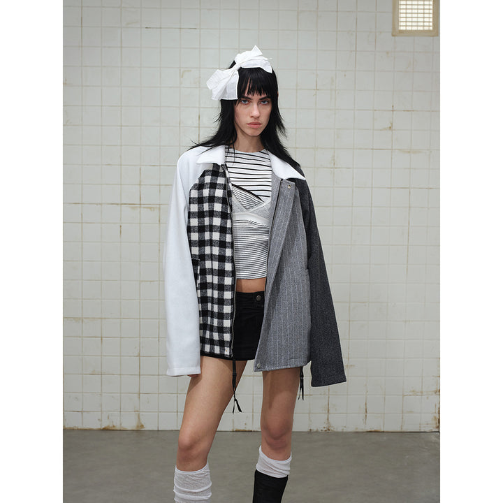 Unisex Classically tailored patchwork blouson jacket made of wool blend with shirt collar Mune Fashion