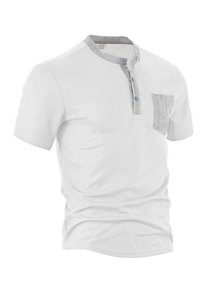 Men's breathable waffle henley shirt with stand-up collar, short button placket, and patch chest pocket Mune Fashion