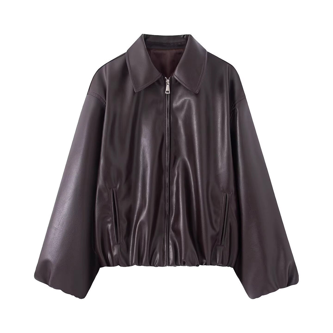 Women Oversize Faux Leather Blouson with Zipper and Elastic Hem Mune Fashion