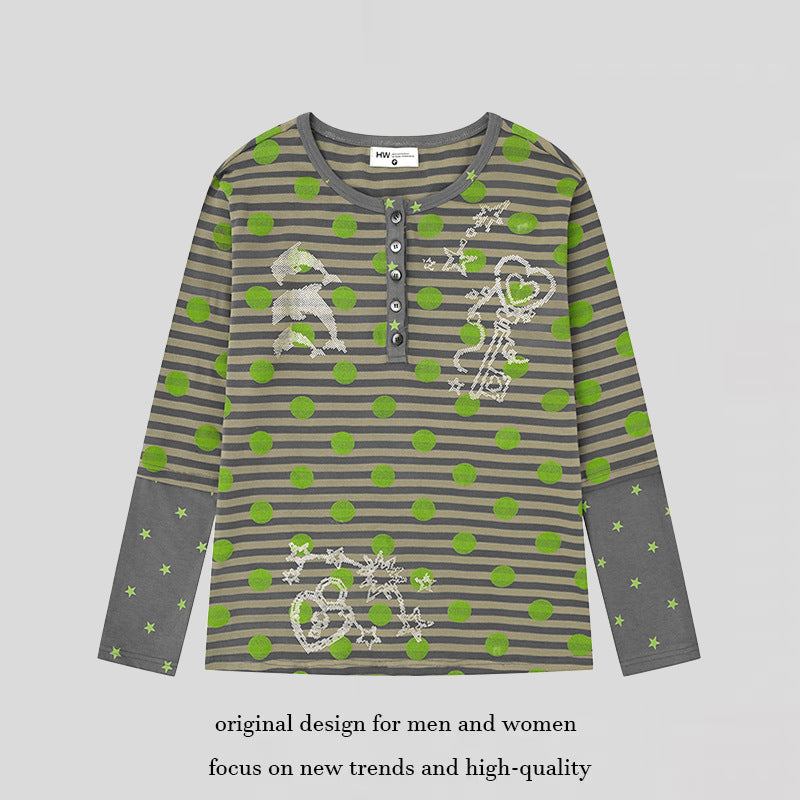 Women Striped Henley Long Sleeve Shirt with Contrast Sleeves, Star Print and Decorative Stone Motifs Mune Fashion