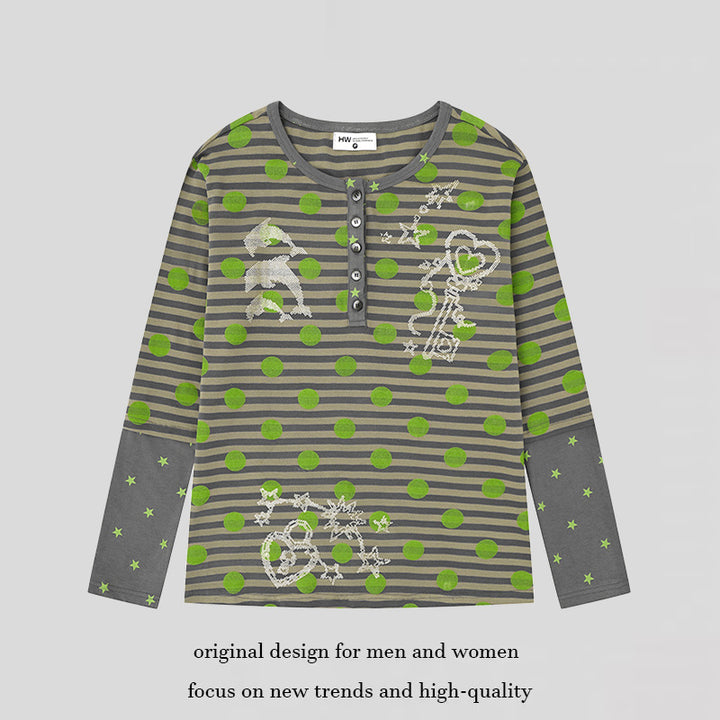 Women Striped Henley Long Sleeve Shirt with Contrast Sleeves, Star Print and Decorative Stone Motifs Mune Fashion