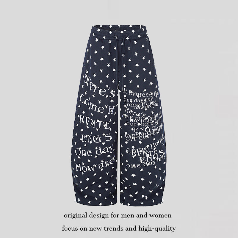 Women's Wide Palazzo Lounge Pants with Allover Stars, Drawstring Waistband and Typographic Print Mune Fashion