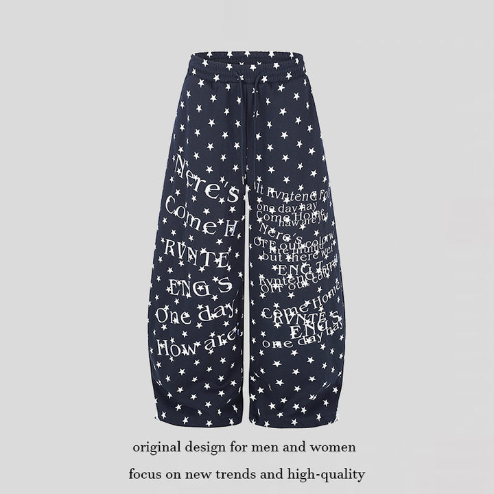 Women's Wide Palazzo Lounge Pants with Allover Stars, Drawstring Waistband and Typographic Print Mune Fashion