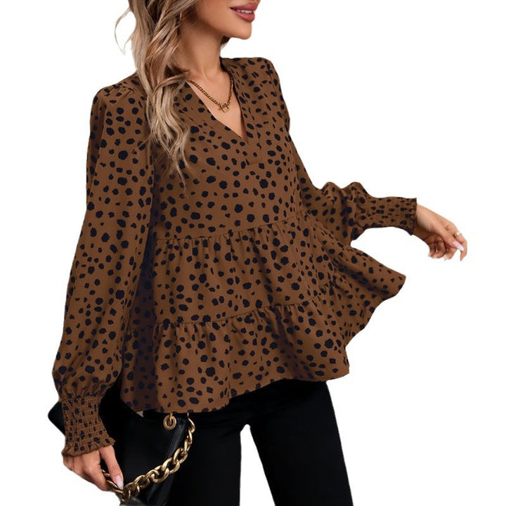 Ladies V neck tunic with tiered hem, smocked cuffs and polka dot all-over print Mune Fashion