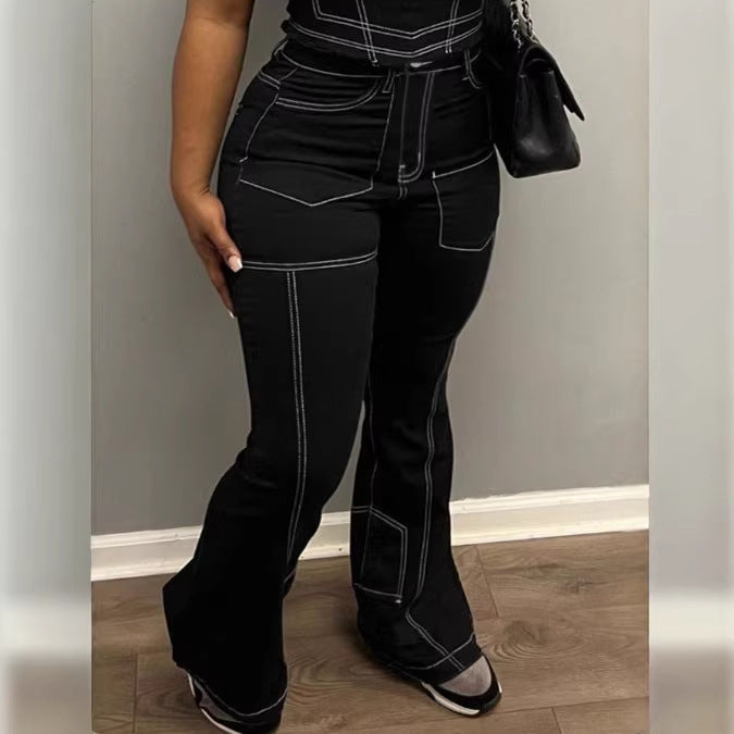 Ladies High-Waist Flared Jeans with Contrast Stitches and Cargo Inserts Mune Fashion