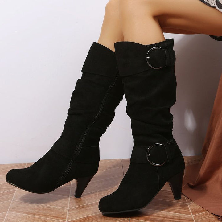 Women’s boots with soft faux suede, slip-on shaft and decorative buckles Mune Fashion