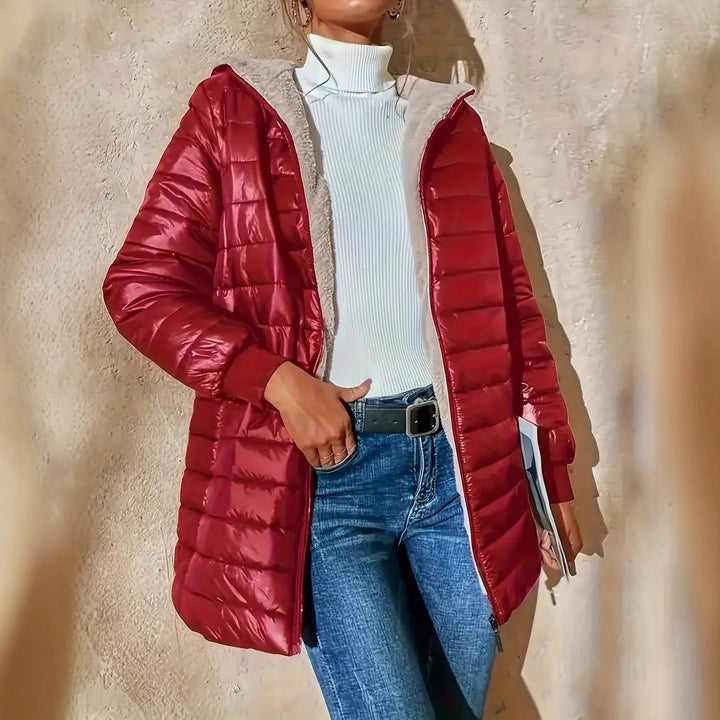 Women Long Padded Coat with Teddy Lining and Hood Mune Fashion
