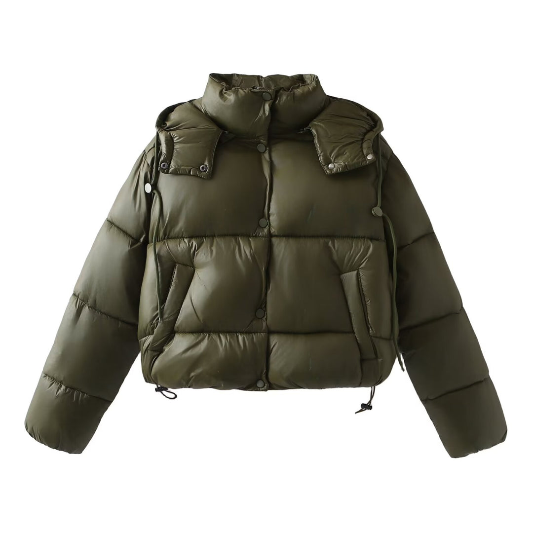 Women Shiny Cropped Puffer Jacket with Drawstring and Snap Button Placket Mune Fashion