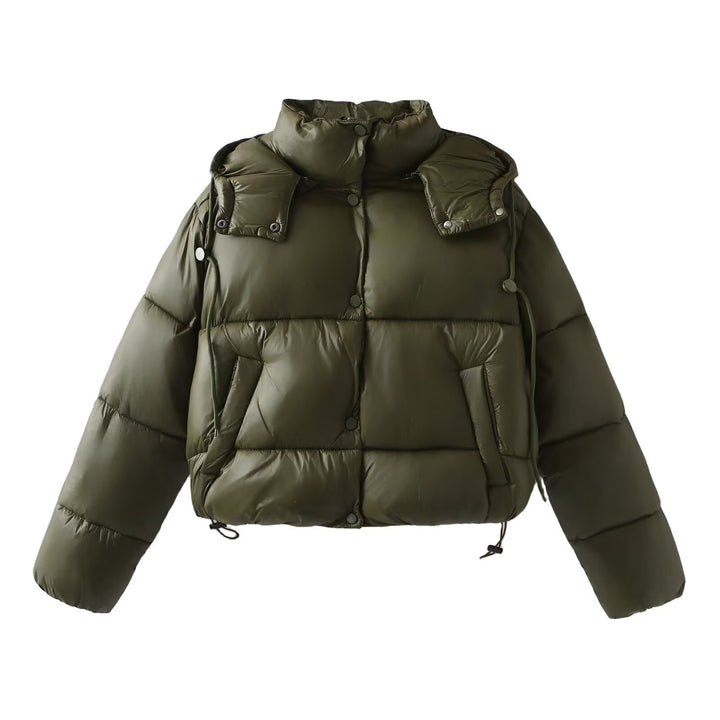 Women Shiny Cropped Puffer Jacket with Drawstring and Snap Button Placket Mune Fashion