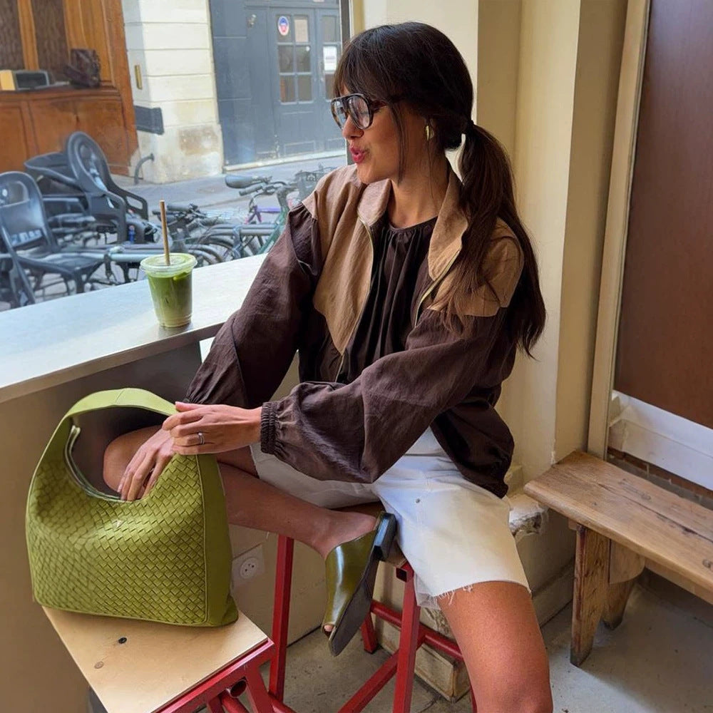 Women's short cut multicolored bomber jacket with drawstring, raglan sleeves, and zipper Mune Fashion