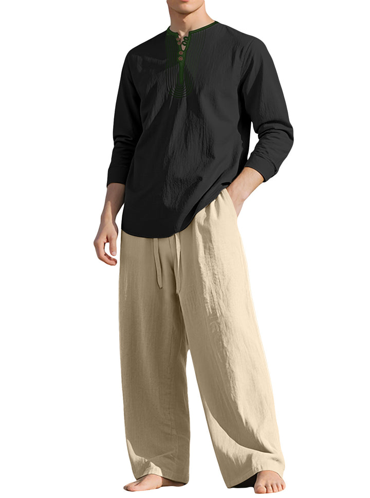 Men's tunic and Palazzo pants set with Henley placket, decorative embroidery and wide cut Mune Fashion