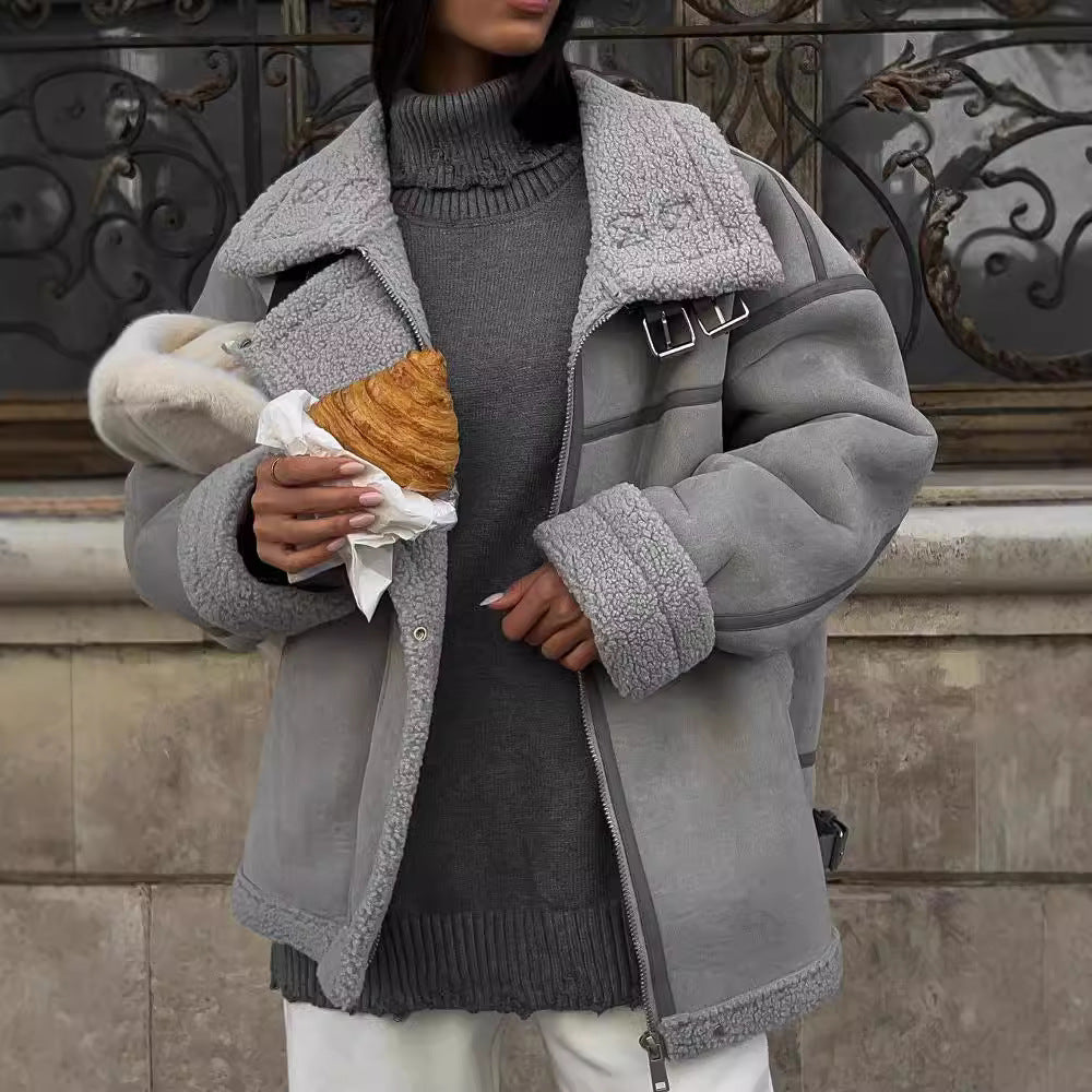 Women's Wide Cut Lambskin Imitation Flight Jacket with Faux Fur Lining Mune Fashion