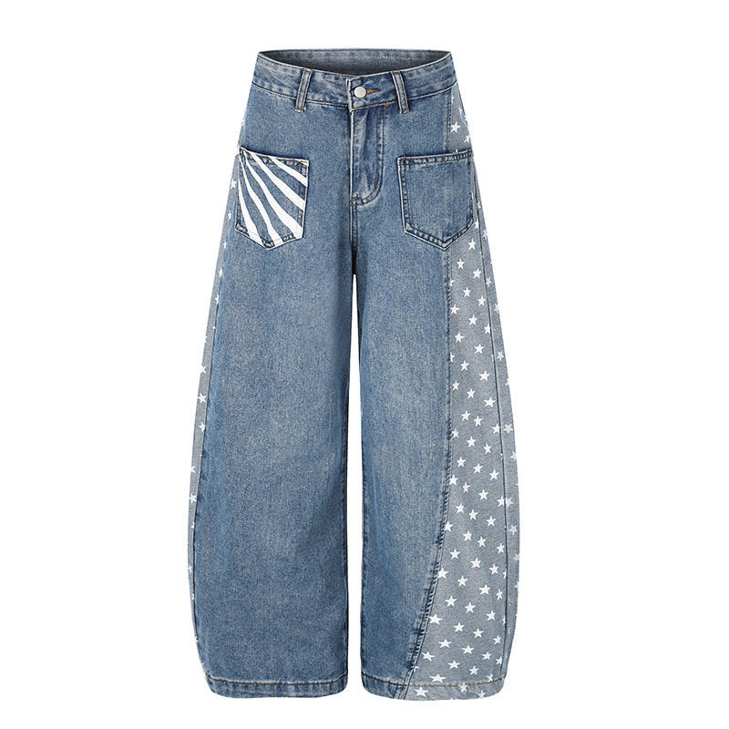 Women's Wide Denim Palazzo Pants with Contrast Sides, Star Print and Patch Pockets Mune Fashion